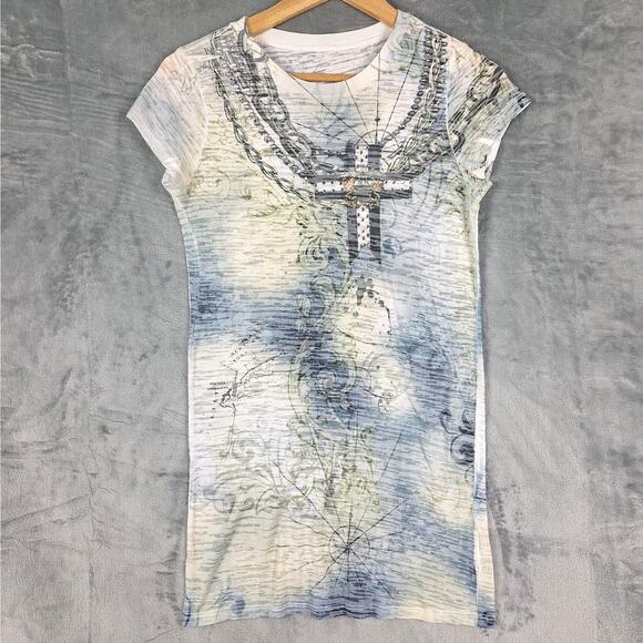 Cache Tops - Cache Top Medium Vintage Y2K‎ Tee Floral Sheer Studded Cross Chains Tie Dye USA